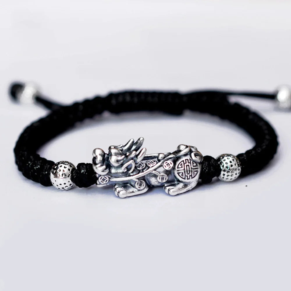 999 Sterling Silver 3D Brave Troops Bracelets for Men Pure Hand Woven Braided Lucky Red Rope Bracelets Multi Color Chinese Knots