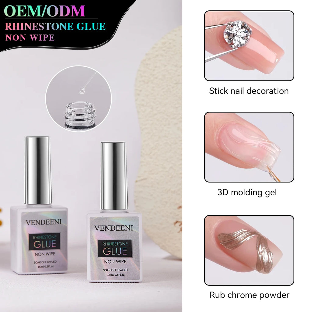 Vendeeni OEM Custom logo 15ml Nail Rhinestone Gel Super Strong Gel Glue for Manicure Transparent Nail Art 3D Sticky Carving Glue