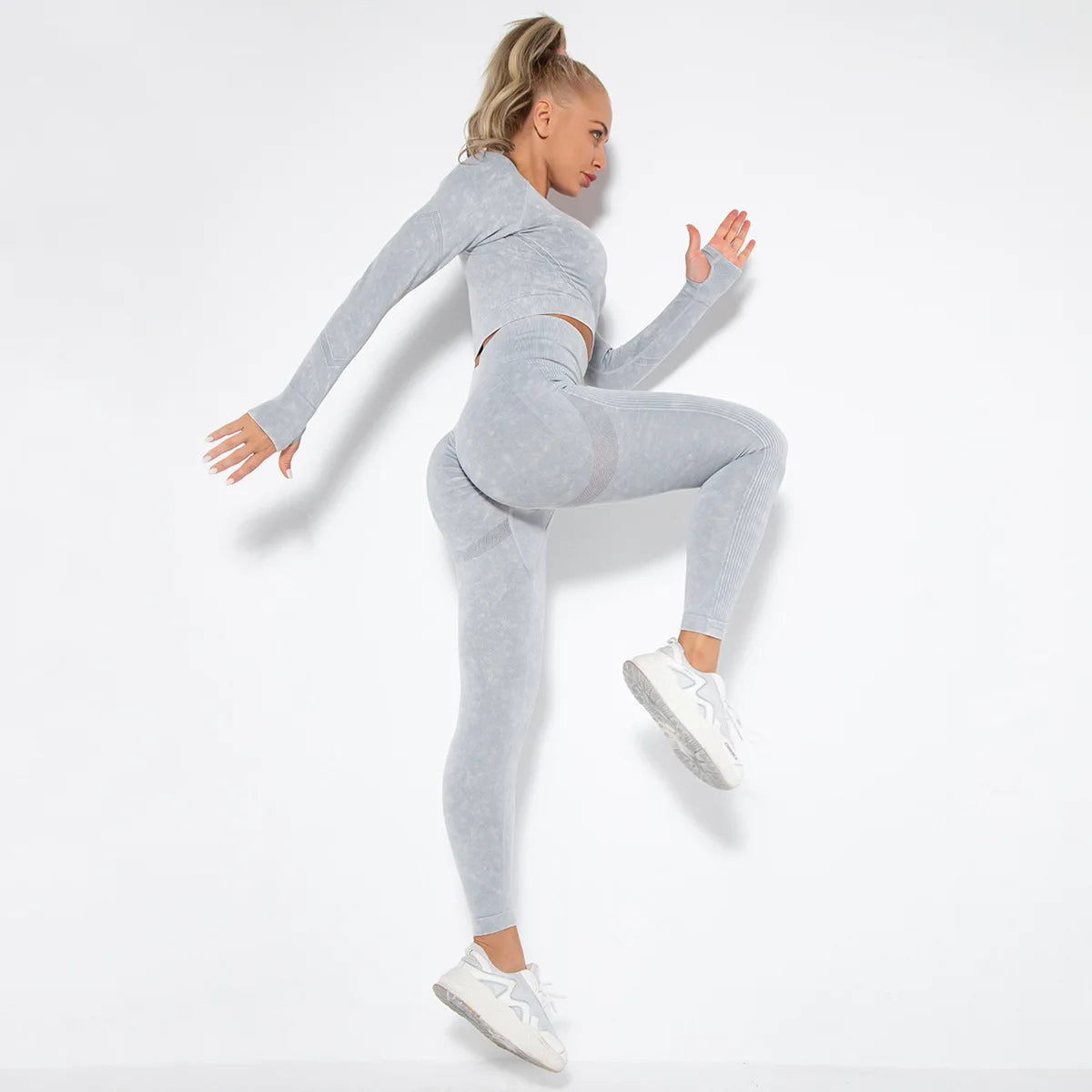 Girls High Elastic Print Sports Activewear Long Sleeve Crop Top Outfit Set Fitness Seamless Yoga Sets Spandex/Polyester Four-Way