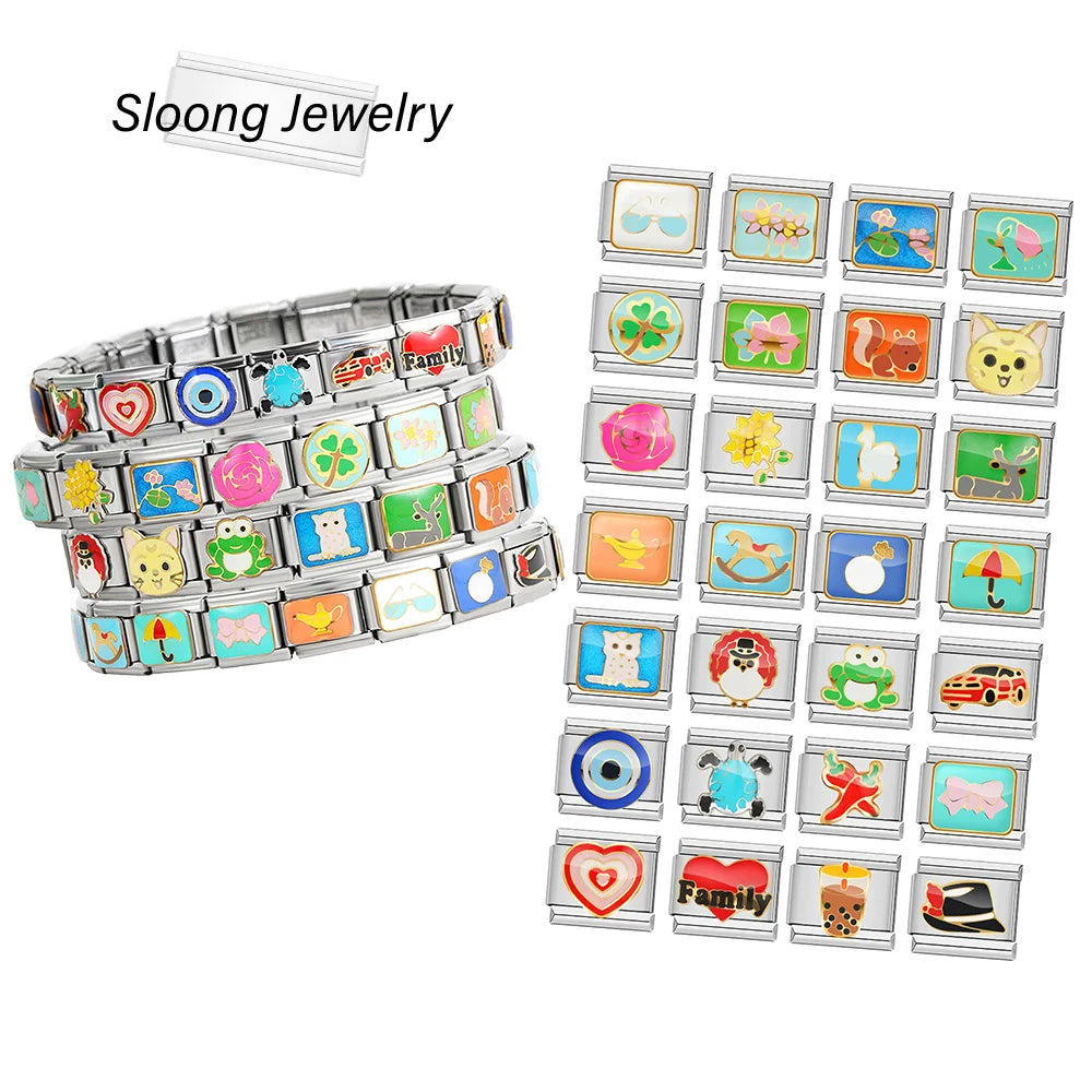 2025 Fashion Clover Heart Evil Eye Italian Charms Links for Women Fit 9mm Bracelet Stainless Steel DIY Italian Charm Bracelet