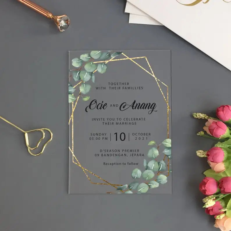 Geometric Greenery Wedding Invitation Watercolor Eucalyptus Green Leaves Wedding Invite