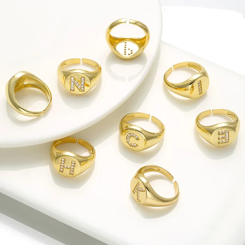 HOVANCI 18k Gold Plated Wide Band CZ Alphabet Initial Open Ring 8 Cubic Zircon Letter Finger Rings