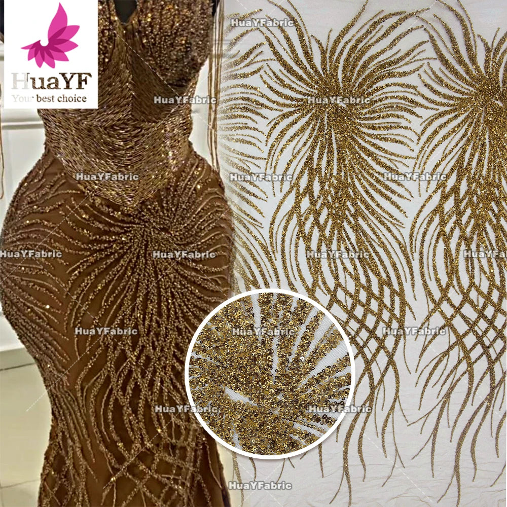 Top Quality Shiny Heavy Beaded Luxury Coffee Brown Lace With Sequins Wedding Bridal Lace Dress Fabric HY1939-1