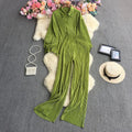 New Solid Color Long Sleeve Pleated Shirt Blouse Pants Set Women Two Pieces Sets Clothing
