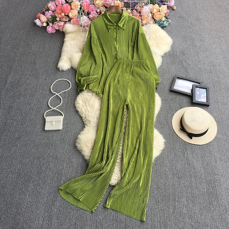 New Solid Color Long Sleeve Pleated Shirt Blouse Pants Set Women Two Pieces Sets Clothing