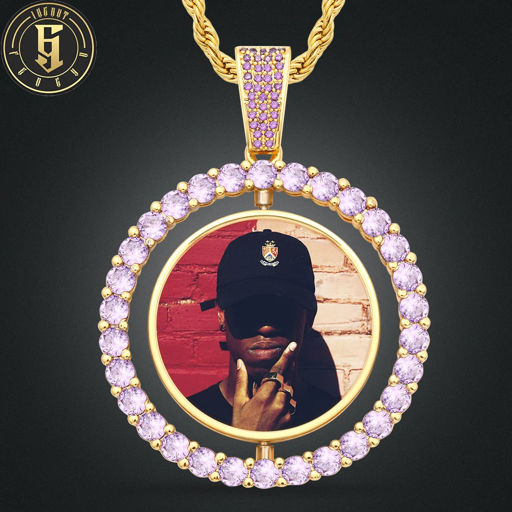 Memory Medallion Jewelry Custom Rotatable 45mm Photo Pendant Brass Pink Zircon Diamond Charm Necklace for Men Women