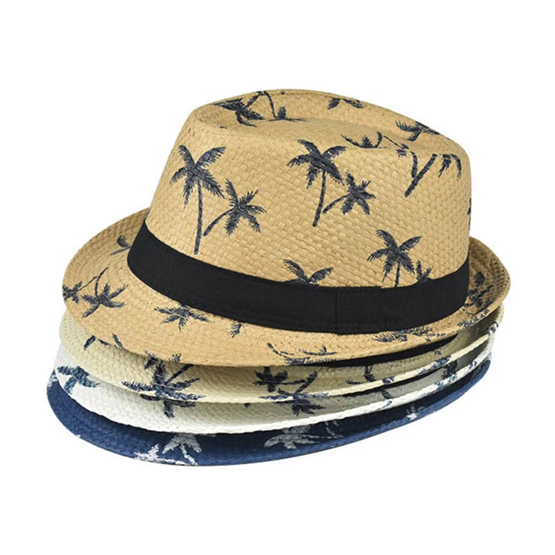 Summer Vintage Men Straw Fedora Hat Black Band Short Brim Leaves Printing Panama Hats Beach Sun Hat