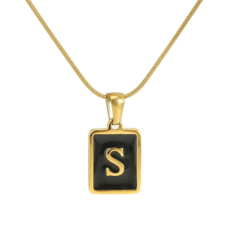 Wholesale New 18K Gold PVD Plated Small Black Enameled Initial Letter Pendant Female Fashion Chains Zodiac Pendant Necklace