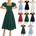 2023 Pure Color Sweet Style square Collar Halter Dress Pleated Short-sleeved Frock Dress
