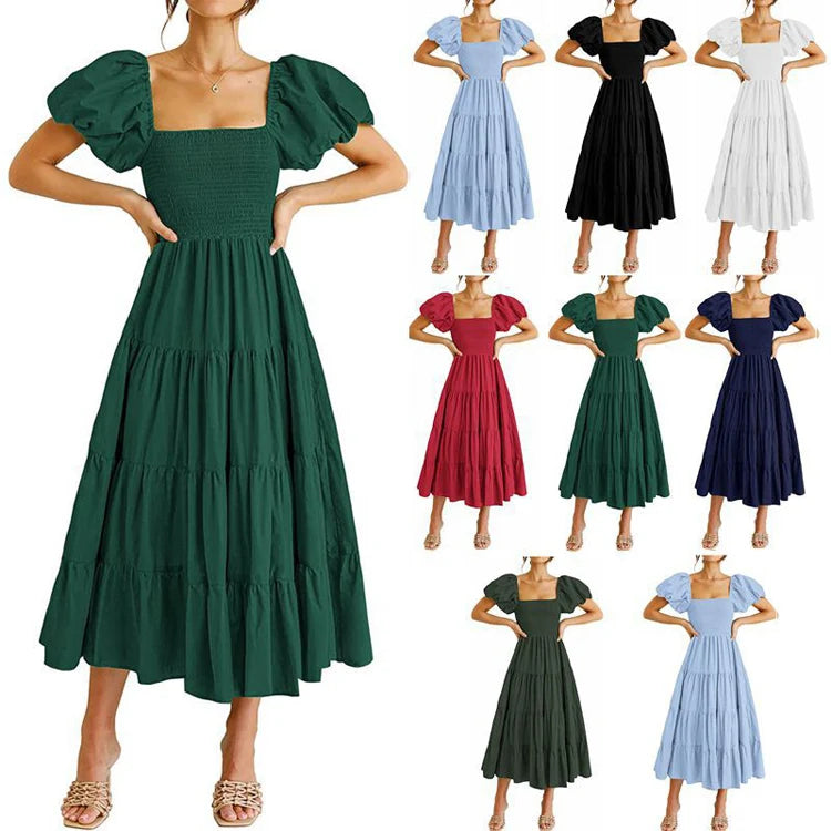 2023 Pure Color Sweet Style square Collar Halter Dress Pleated Short-sleeved Frock Dress