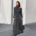 Wholesale 2026 Autumn French Sloping Collar Pleated Off Shoulder Long Sleeved T-shirt A-line Large Swing Half Skirt Women's Set