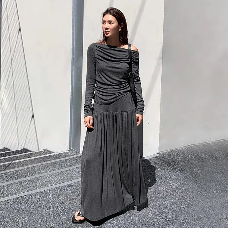 Wholesale 2026 Autumn French Sloping Collar Pleated Off Shoulder Long Sleeved T-shirt A-line Large Swing Half Skirt Women's Set