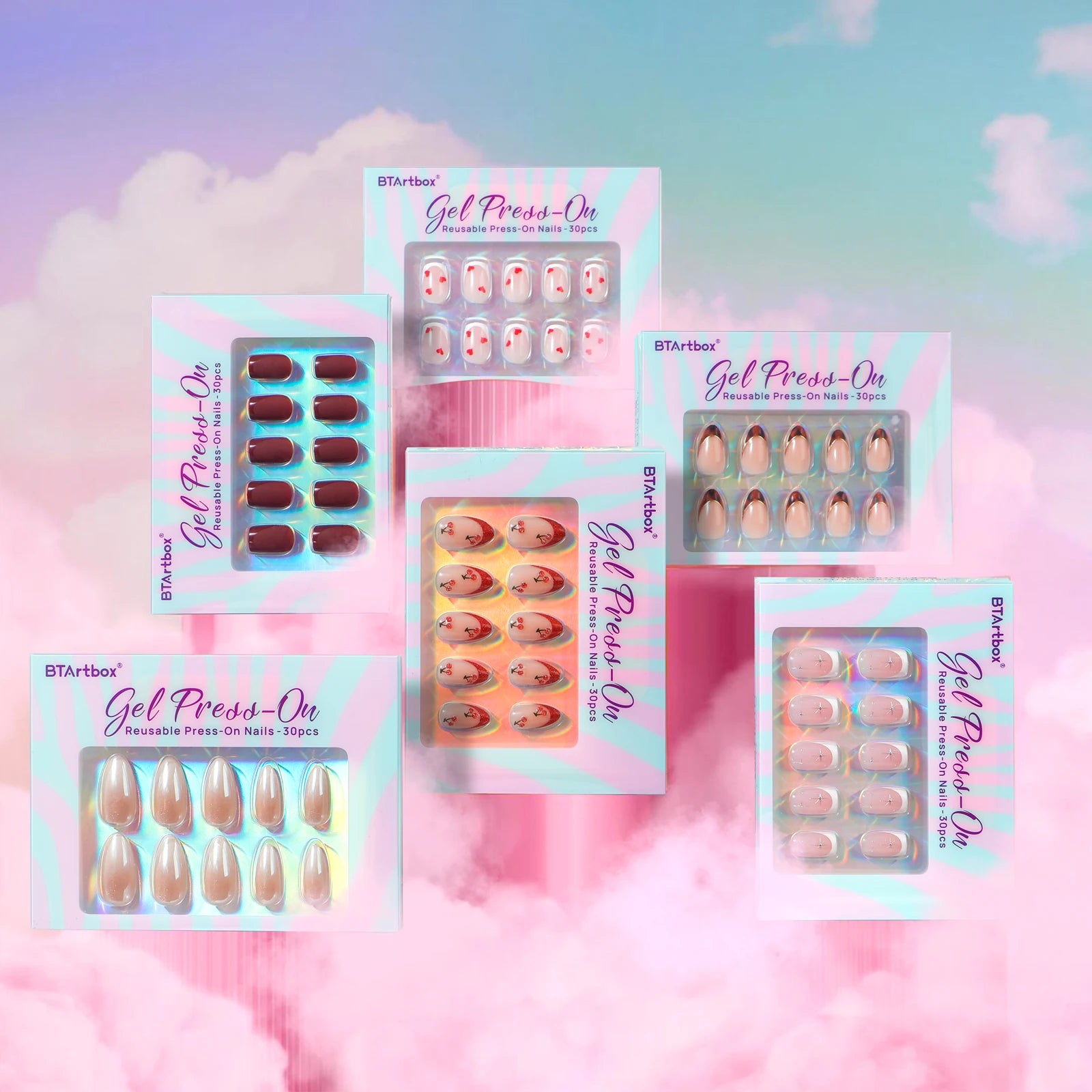 BTArbox Short Square Almond Fake False Nails With Glue Wholesale Soft Gel Hand Made Acrylic Luxury French Tip 3D Press on Nails