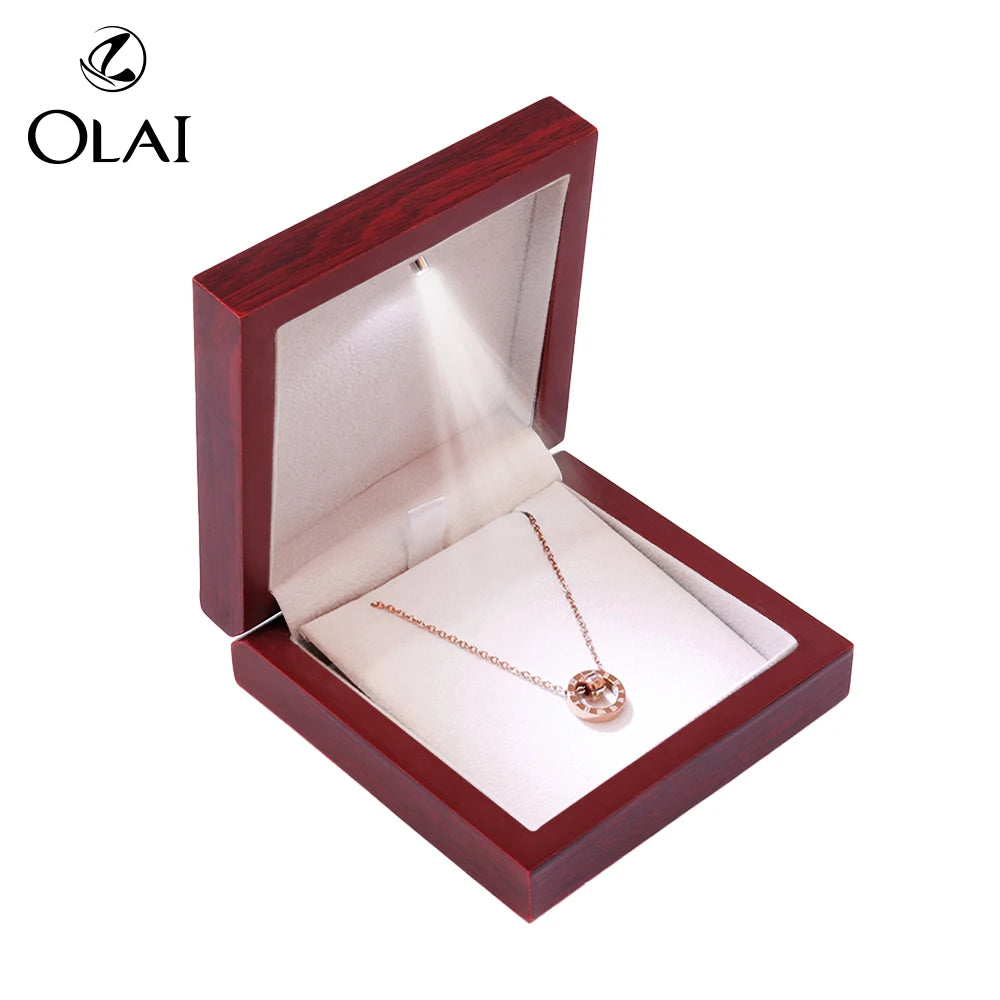 LED Wood Grain Paper MDF Luxury Pendant Box Premium Light Wooden Jewelry Container