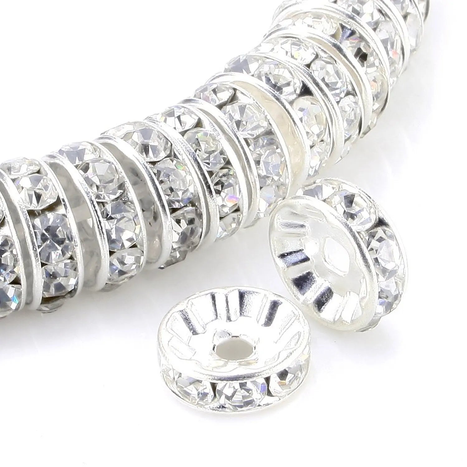 JOYFFO 100pcs Silver Plated Rondelle Spacer Beads Czech Crystal Rhinestone for Jewelry Making for Loose Beads Bracelets