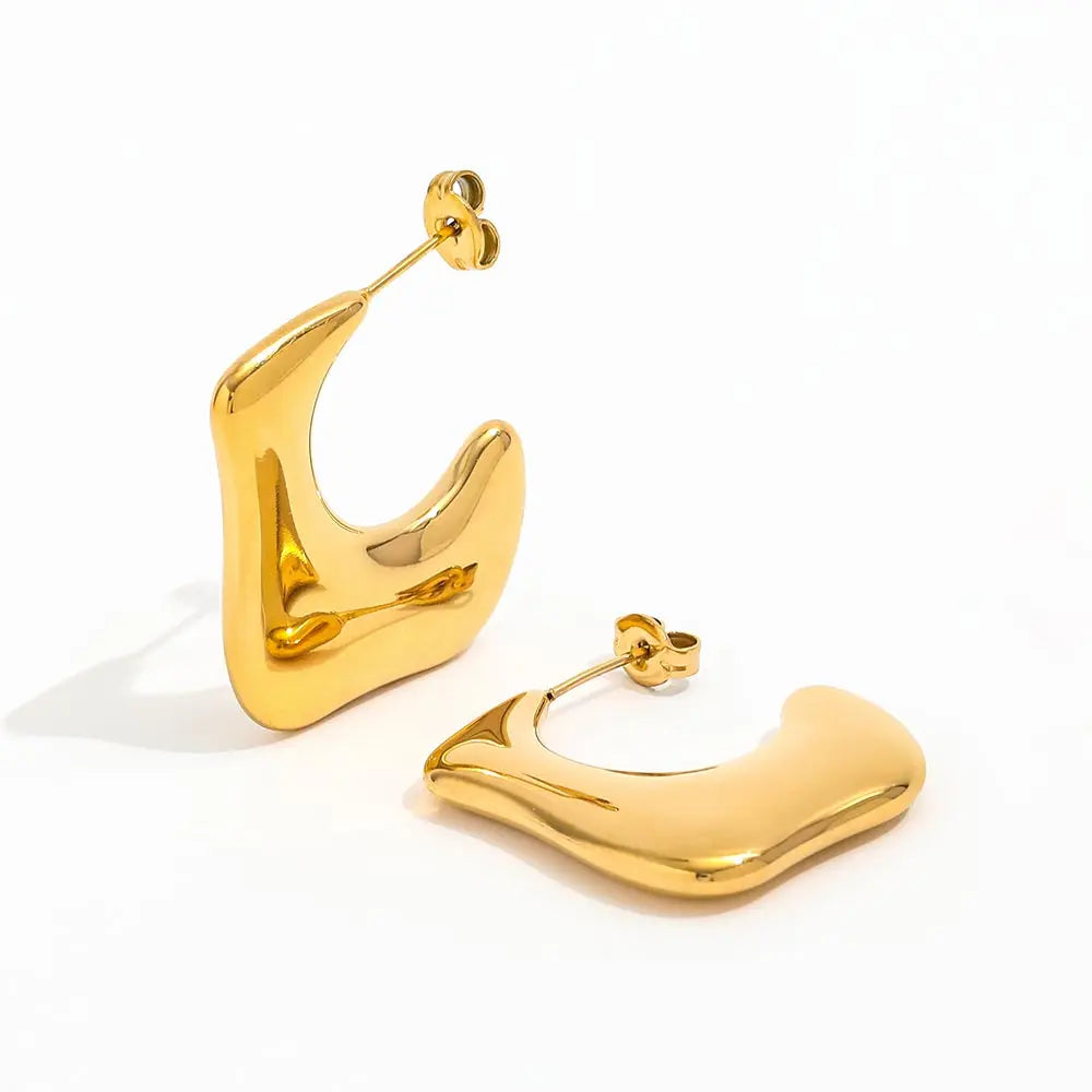 Trendy 18K PVD Gold Plated Tarnish-Free Stainless Steel Hoop Earrings-Irregular C Stylish Geometric Design Wholesale
