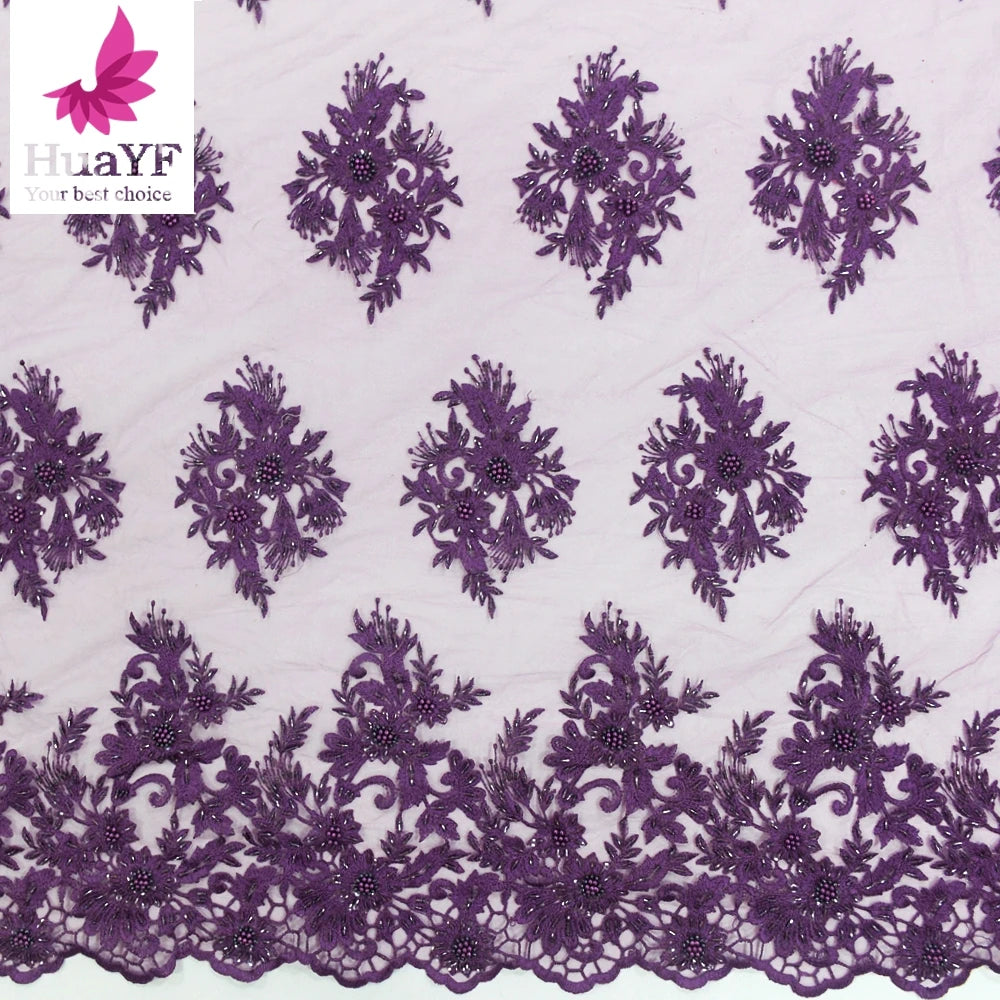 Hot Sale African Purple 3d Flower Beaded Sequence Lace With Pearls Floral Embroidery Net Lace Dress Fabric for Asoebi HY1310-6