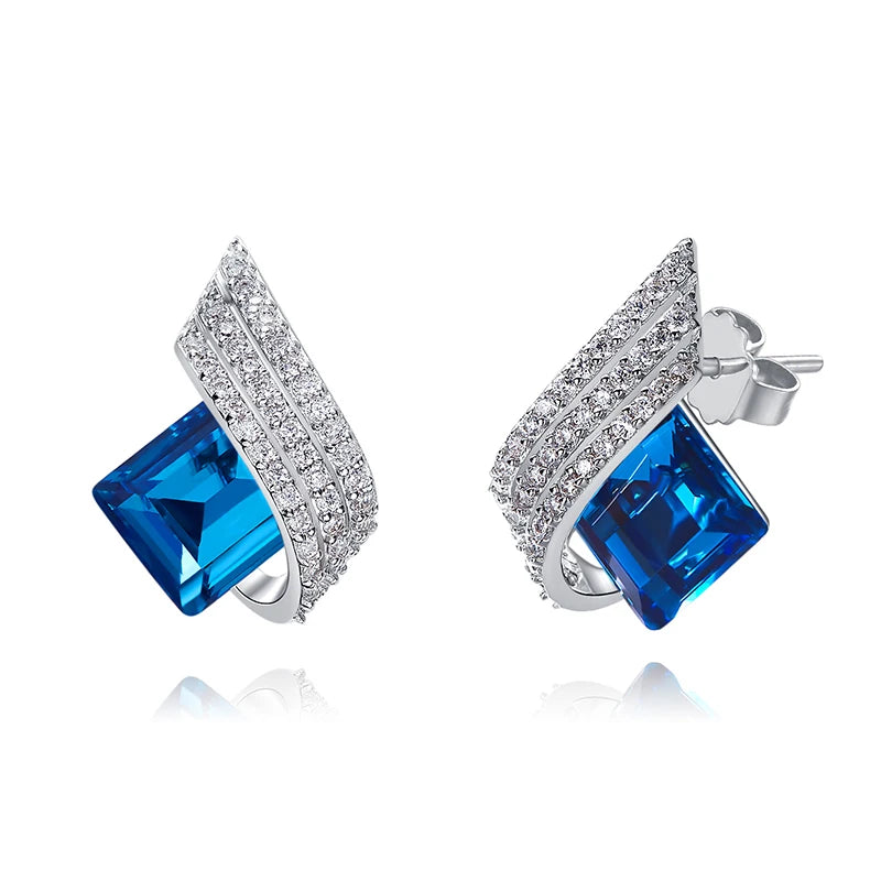 Women Rhodium Plated Crystal Wedding Earrings Jewelry Silver 925