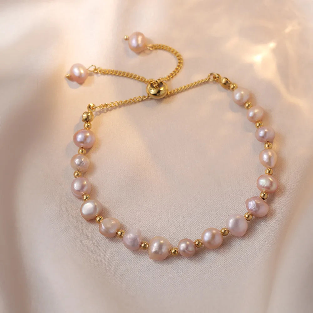 Natural Beads Drawstring Baroque Pearl Bracelet 18K Gold PVD Plated Stainless Steel Charm Freshwater Pearl Bracelets Women