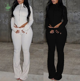 New Women's Spring Clothing 2025 Trendy Soild Zipper Top and Flare Pants Casual Outfits 2 Piece Set Ropa De Mujer