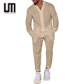 Liu Ming 2025 Trending Product Fall Men s Suits Casual Cotton Linen Loose Solid Color Two Piece V Neck Shirt and Pants Outfits