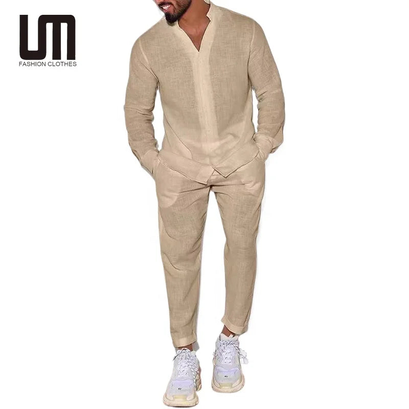 Liu Ming 2025 Trending Product Fall Men s Suits Casual Cotton Linen Loose Solid Color Two Piece V Neck Shirt and Pants Outfits