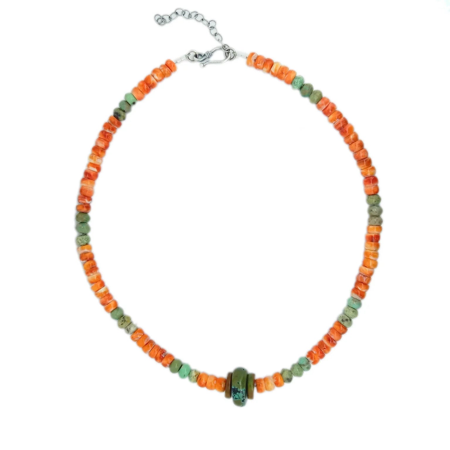 Natural Turquoise and Spiny Oyster  925 Sterling Silver Faceted Gemstones Necklace
