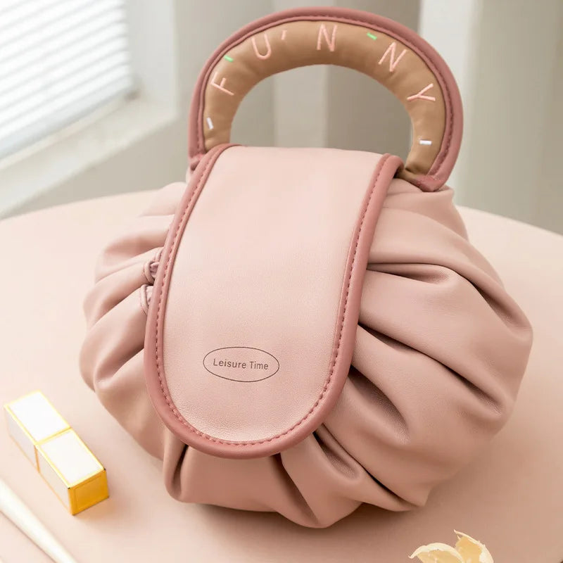 Women PU Leather Capacity Lazy Drawstring Cosmetic Bag Travel Storage Pouch Makeup Bag