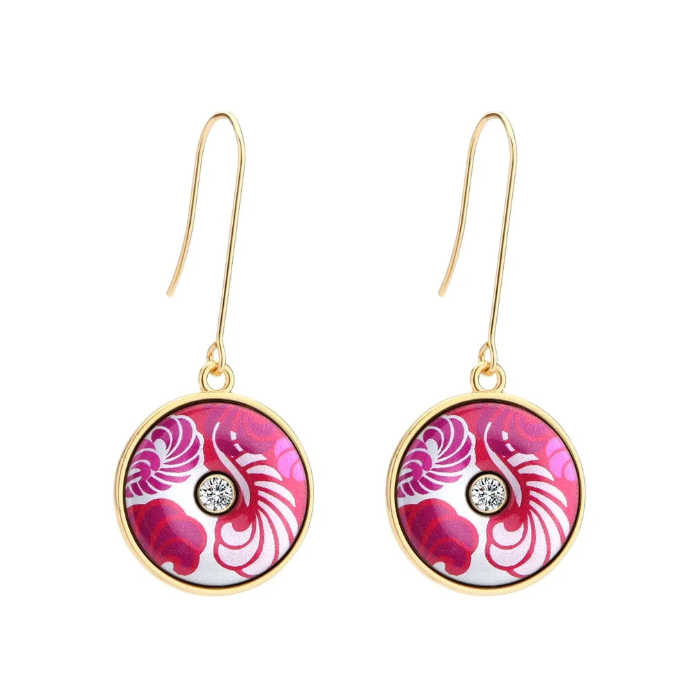Bohemia Style Colorful Disc Drop Earrings for Women Print Pattern Gold Plated Dangle Earring Brinco Feminino