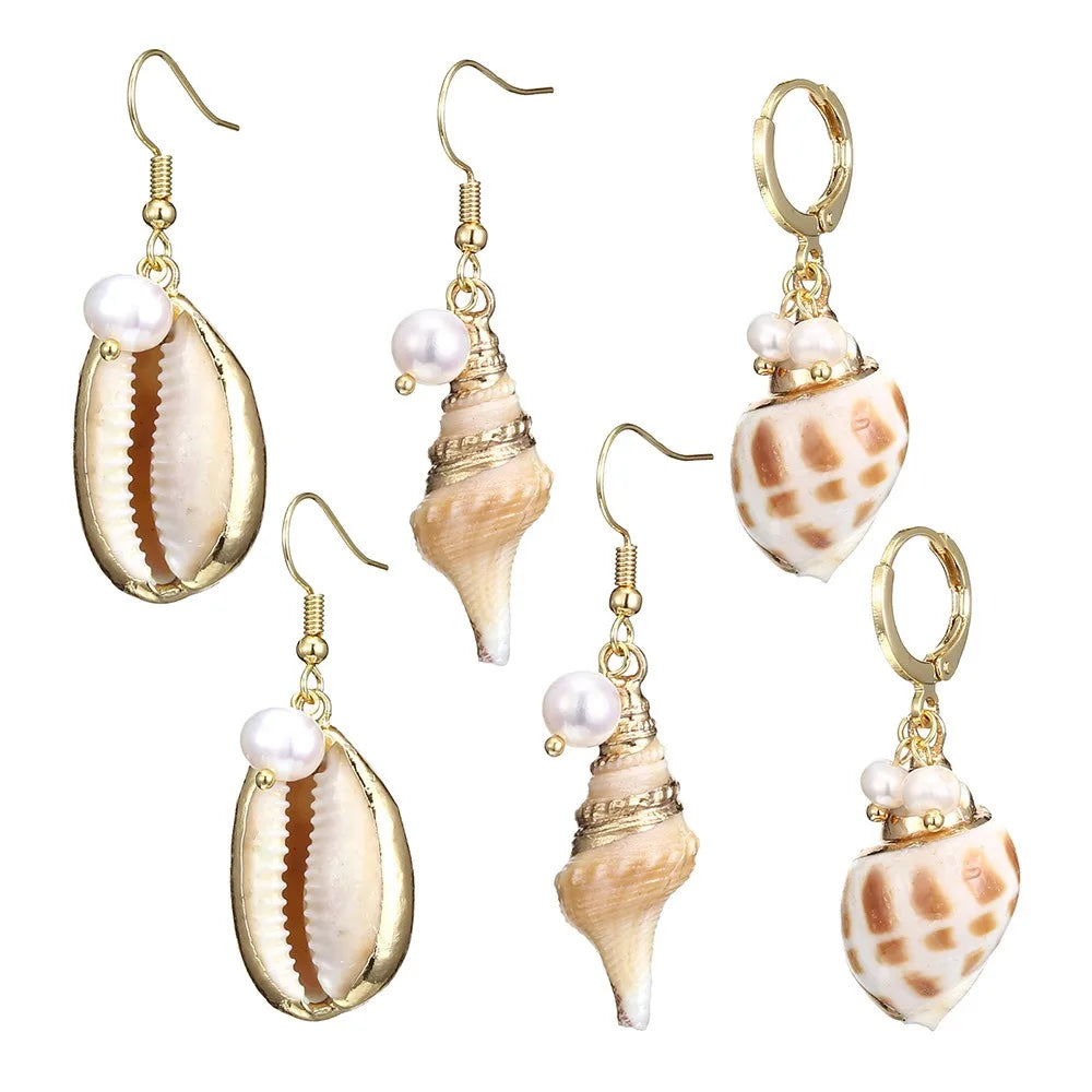 Summer Beach Freshwater Pearl Shell Natural Conch Pendant Earring for Women Ladies