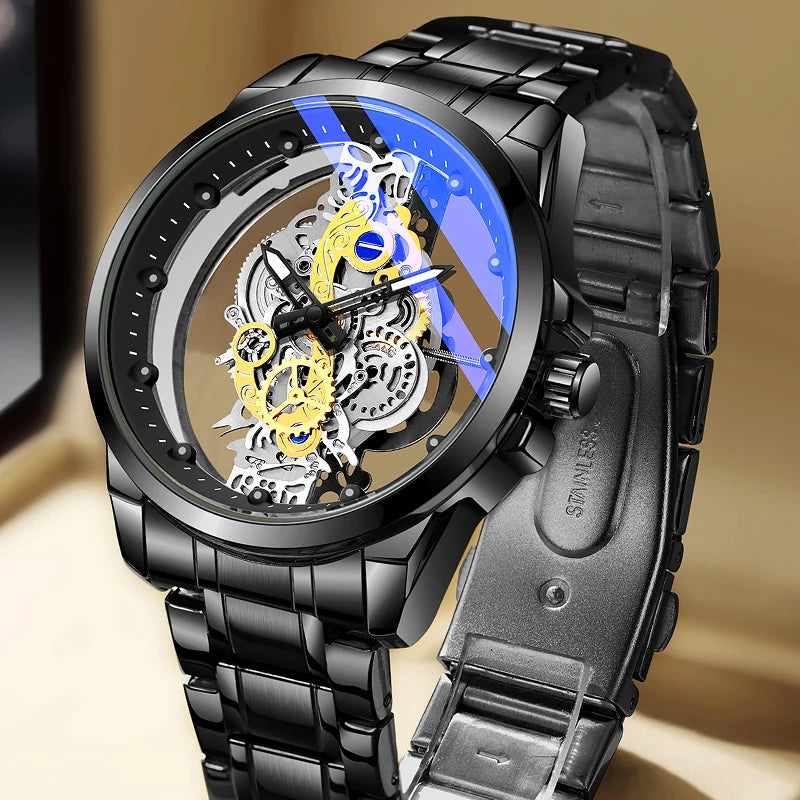 New Design Luxury Skeleton Black Wrist Watches Wholesale Genuine Leather Personalized Watch for Men Wristwatch Relojes Hombre