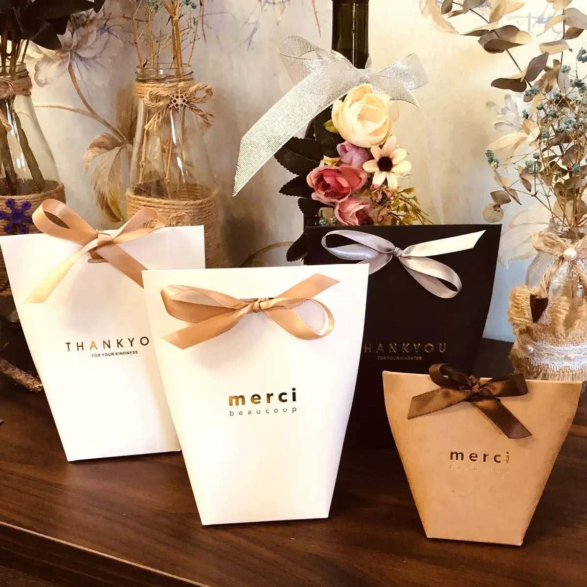 White Bronzing Thank You Candy Bag French Merci Wedding Favors Gift Box Package Birthday Party Kraft Paper Box
