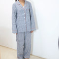Custom Summer Stripe Pyjamas Casual European Flax 100% Linen Plain Blouse Stripe Plaid Long Sleeve  Pajamas Sleepwear Set
