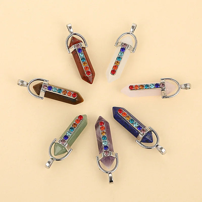 Cute Style Hexagonal Chakra Crystal Point Pendant Necklace Natural Gemstones for Reiki Chakra Healing Fashionable for Children
