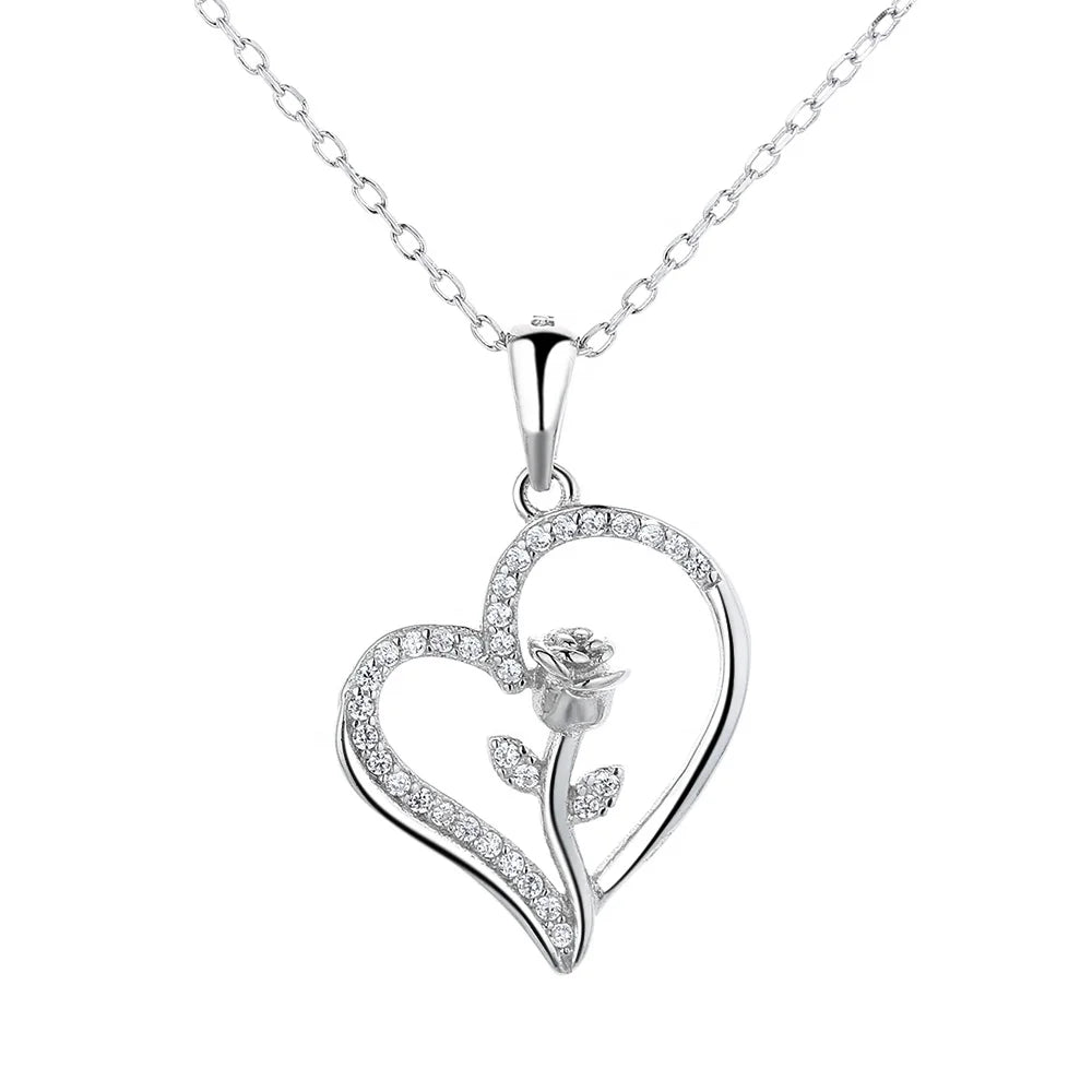 Fine Jewelry 925 Sterling Silver Lovers Heart Shaped Rose Pendant Necklace