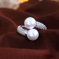 Adjustable Shiny Cubic Zirconia Paved Double Big Pearl Finger Rings for Women Party Engagement Anniversary Weeding Jewelry