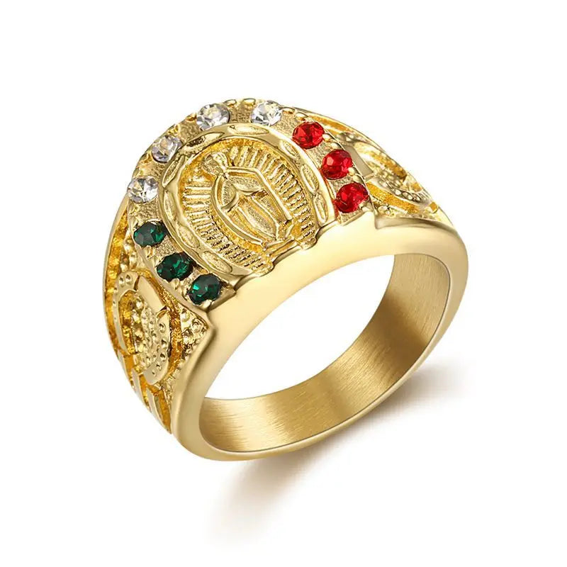 Duyizhao European and American Hip Hop Religious Titanium Steel Gold Plated and Color Diamond Catholic Virgin Men Ring