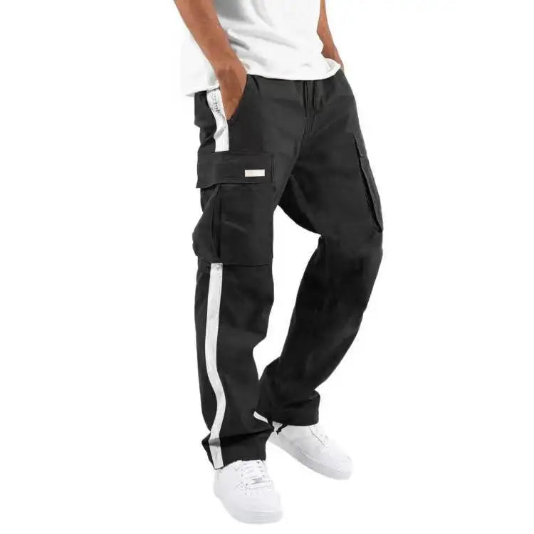 2024 Spring Autumn New Men's Work Pants Overall Europe Drawstring Strap Pocket Color Block Men Straight Long Cargo Pants