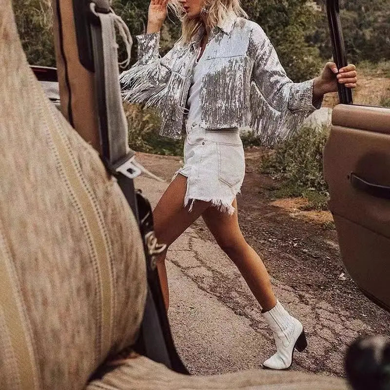 Wholesale Silver Tassel Hip Hop Jazz Dance Costume Coat Fringed Sequin Bomber Jacket
