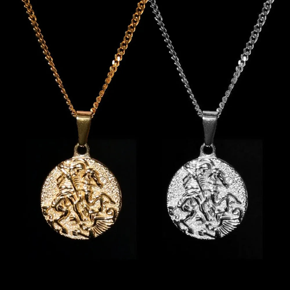 Crafted Necklace for Men 18k Gold St George Pendant Saint George Medal St George of Lydda Necklace Christian for Man