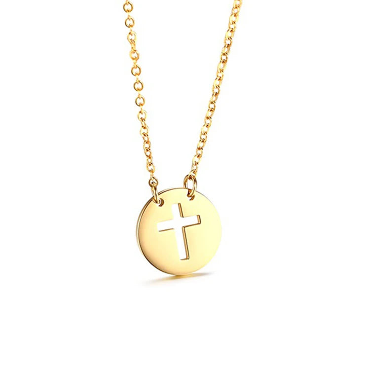 PVD 18K Gold Cross Necklace for Women Girls Waterproof Stainless Steel 18K Gold Plated Cross Hollow Coin Pendant Necklace MegaBDM