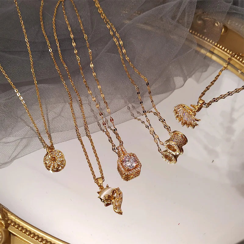 14K Real Gold Plated Statement Titanium Stainless Steel Zircon Necklace Sets Pearl Colorful Cross Mermaid Heart Key Necklaces