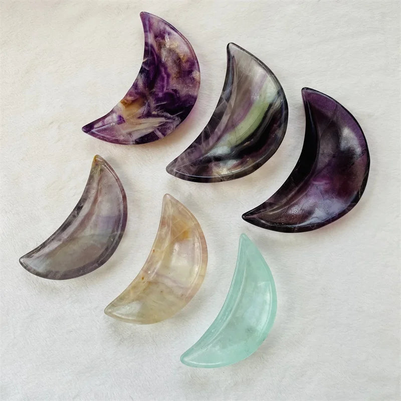 Wholesale hot selling hand carved crystals moon shape bowl natural rainbow fluorite carving moon bowl