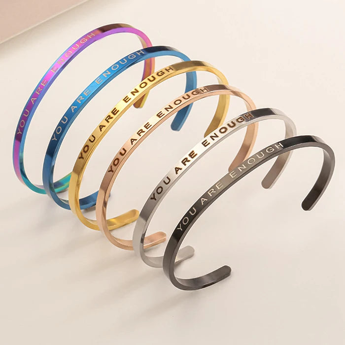 4mm Custom Logo Name You Are Enough Woman Men 18K Gold Silver Rose Plated Stainless Steel Expandable Open Cuff Bangle Bracelet
