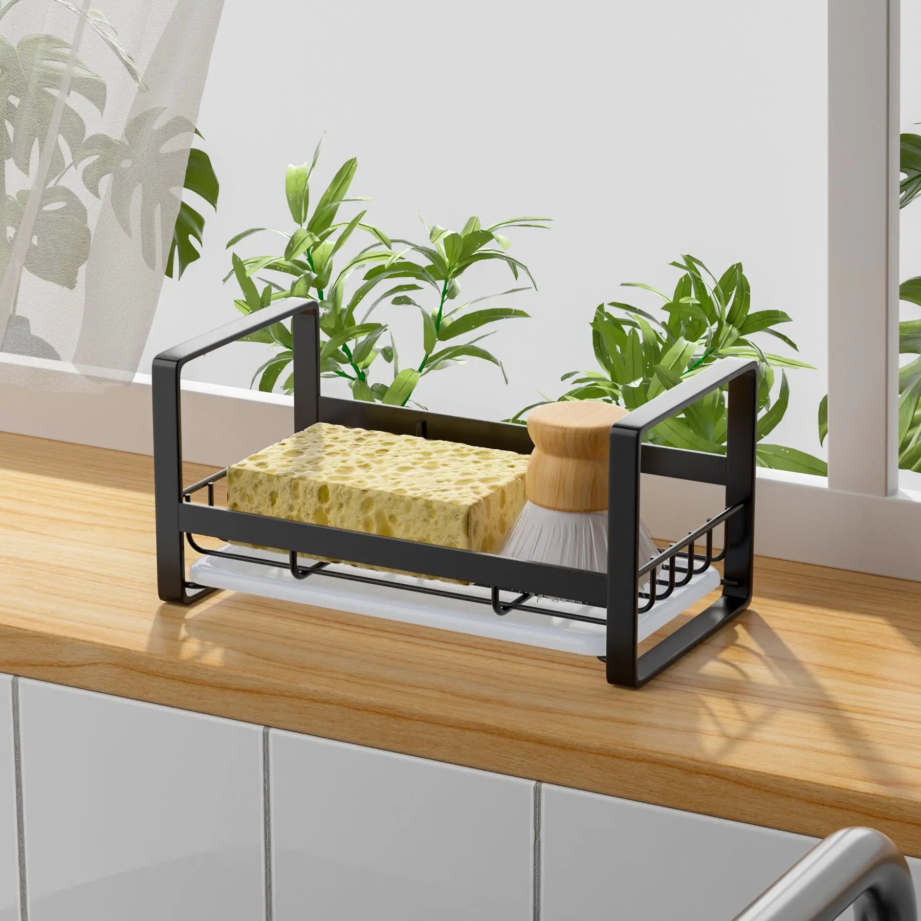 Kitchen Stainless Steel 201 Metal Black Fast Drying Single Layer Sink Caddy Hardware Organizer with Drain Pan