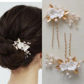 SLBRIDAL Handmade Porcelain Flower Freshwater Pearls Alloy Bridal Hair Pin Wedding Hair Sticker Women Jewelry Hair Accessories