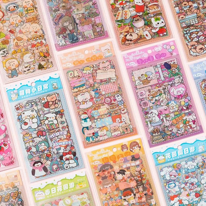 6 Sheets PET Cute Cartoon Decorative Stickers Girl Animal Kawaii Fruit INS Stickers Custom DIY for Scrapbook Planner Stationery