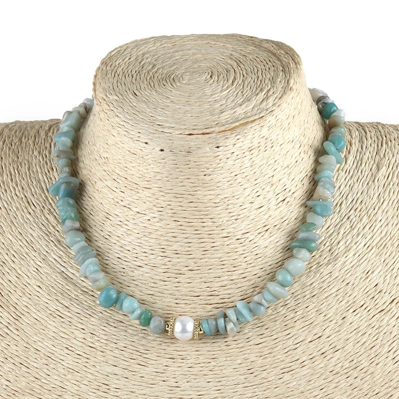 Fashion Women Bohemian Customized Jewelry Chip Gemstone Green Adventure  Coral Gravel Pearl Short Choker Necklace Wholesale