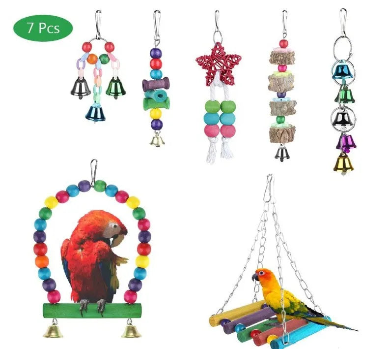 Luxury 7-Piece Bird Toy Swing Station Rattan Star Bell Toy and Molar Toys for Small Animals Parrot