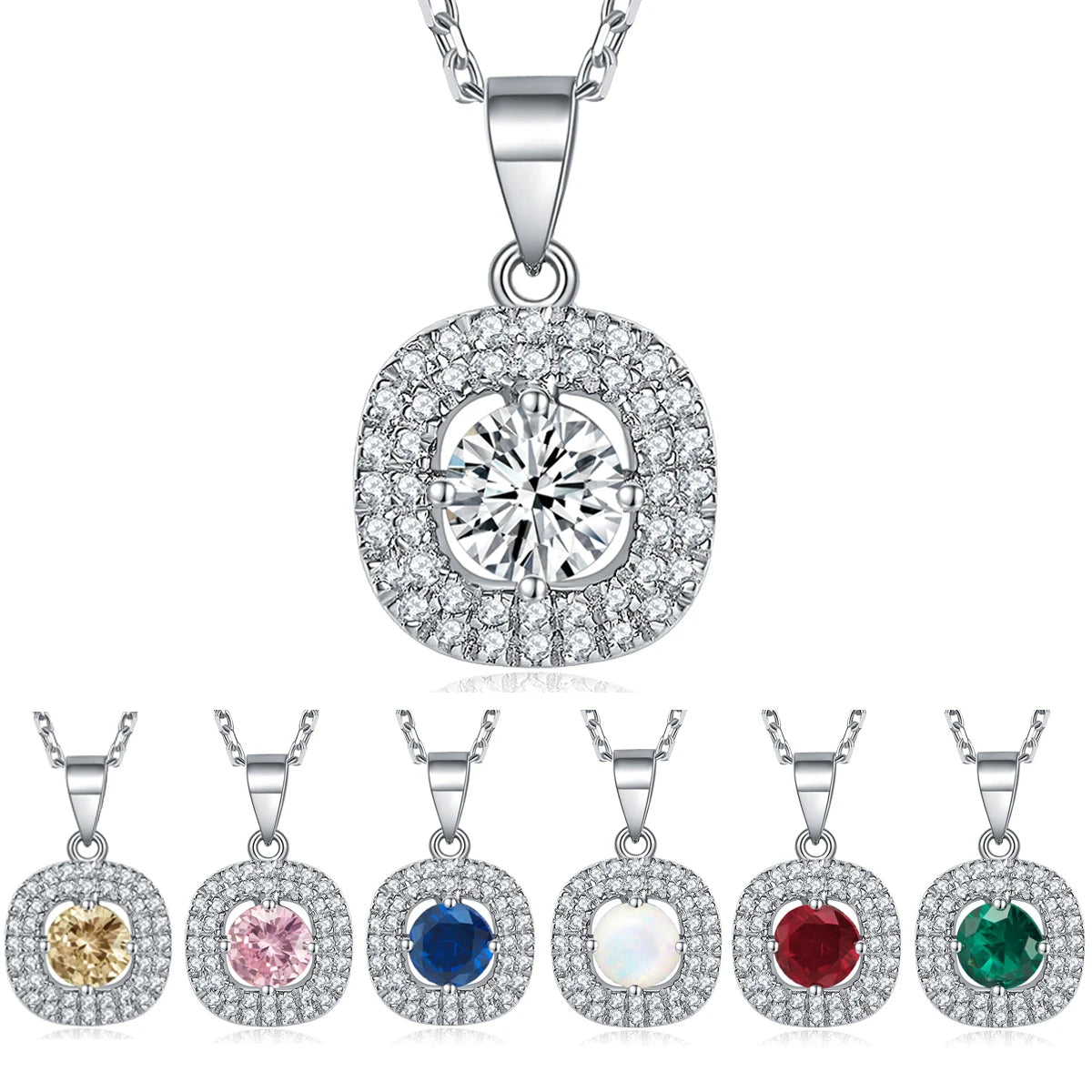 Square Round Sterling Silver Pendant Necklace Prong Setting